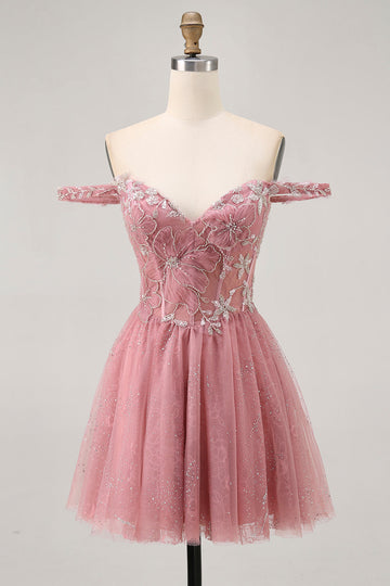Off The Shoulder Dusty Rose Floral A Line Cocktail Dress